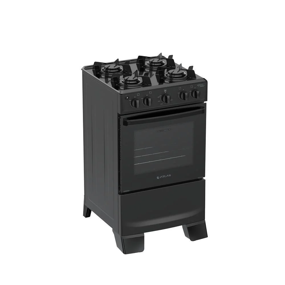 Fogão de Piso 4 Bocas a Gás Atlas Mônaco Lustro Mesa Esmaltada Automático Preto Bivolt