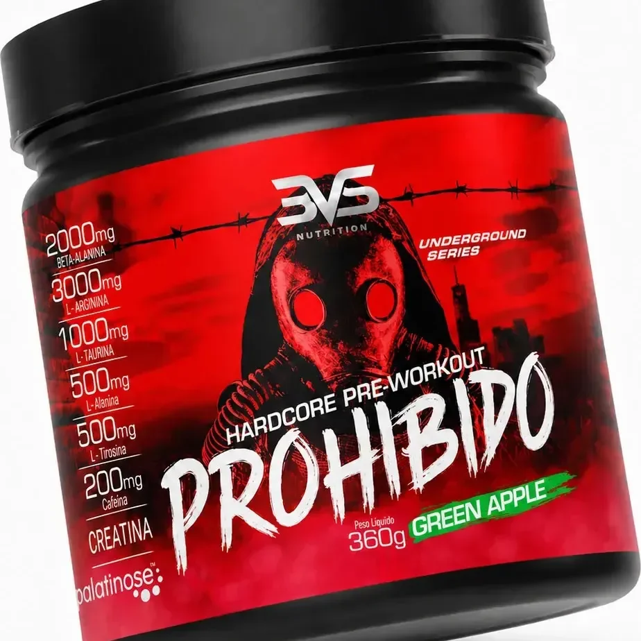 Pré-Treino PROHIBIDO 360g em Pó de Maçã Verde para Energia e Foco
