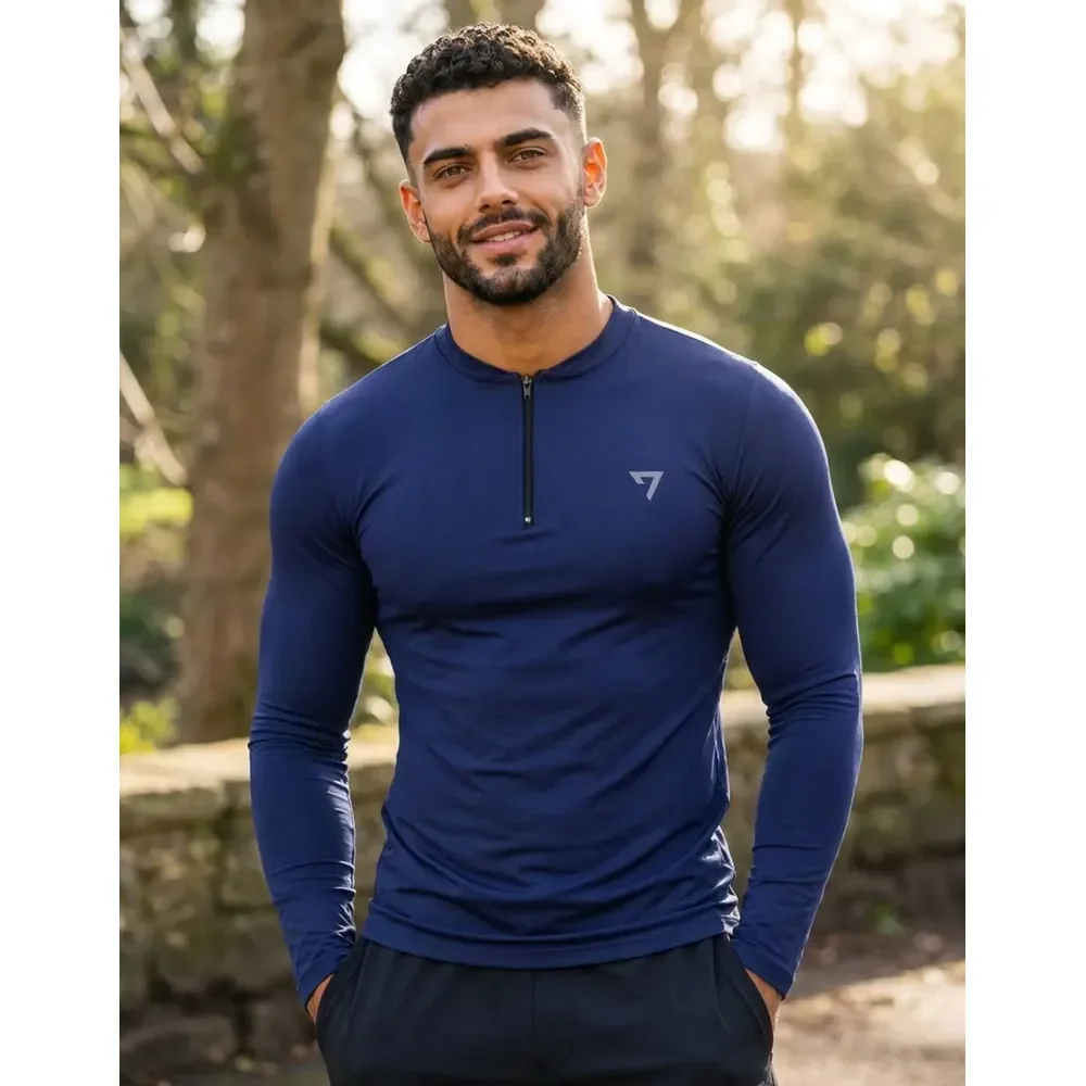 Camisa Térmica Masculina Segunda Pele Manga Longa Com Zíper Azul-marinho Gg