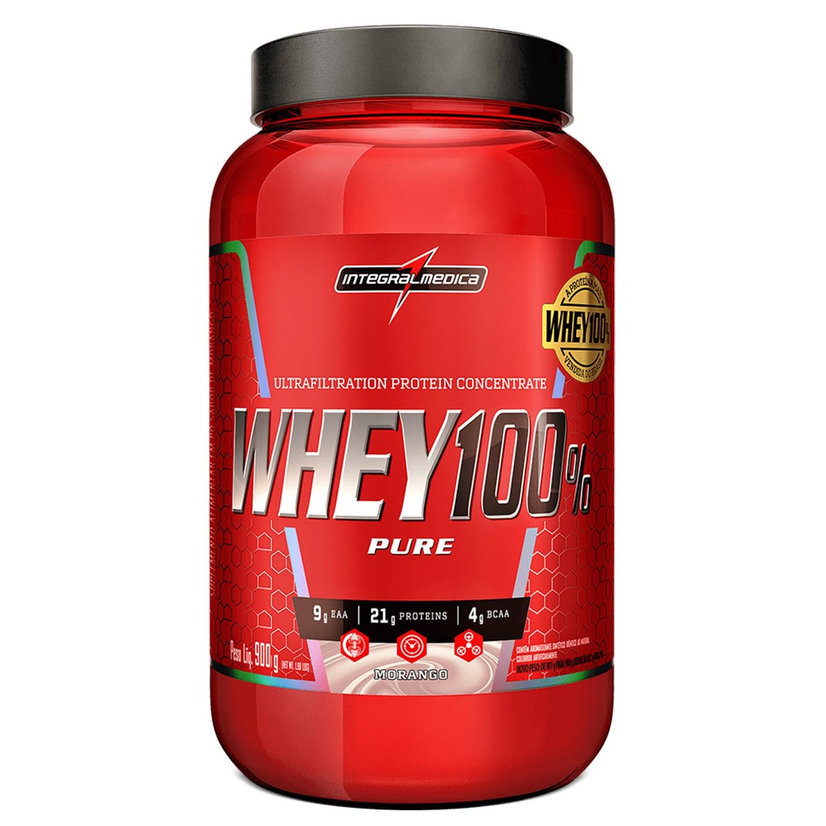 Integralmedica - Whey Protein Concentrado Morango 100% Pure - 21g de Proteína por Scoop, Suplementação Alimentar Pós-Treino, Fórmula Enriquecida com BCAAs - Pote 900g