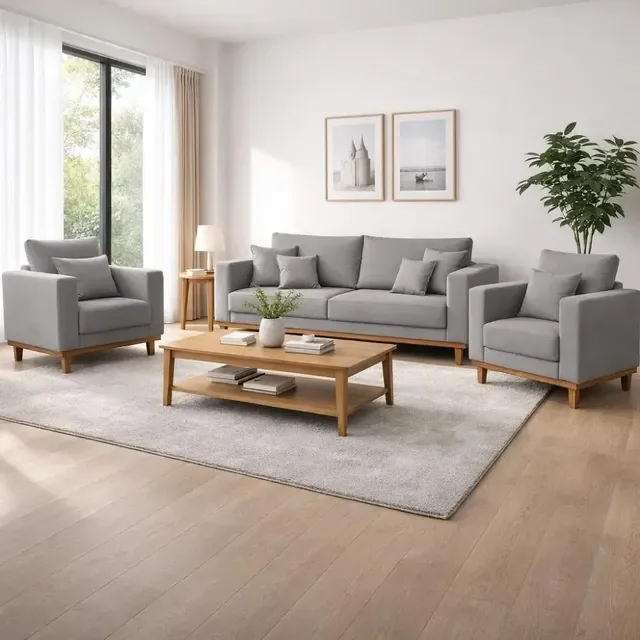 Kit 2 Poltronas Living + Sofá 3 Lugares Base Madeira Linho
