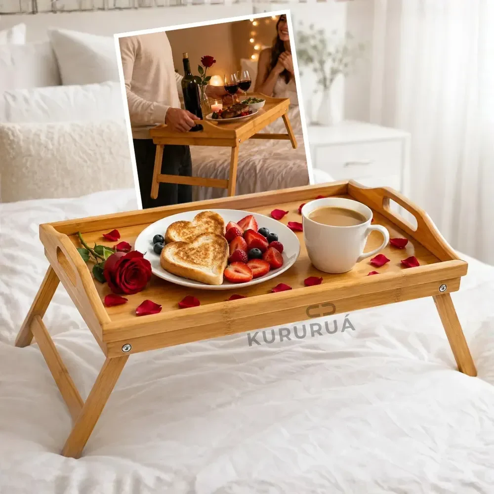 Bandeja Para Café Da Manhã Na Cama Em Bambu Com Pés Dobráveis 50x30cm Elegância, Praticidade Conforto Marca Kururuá