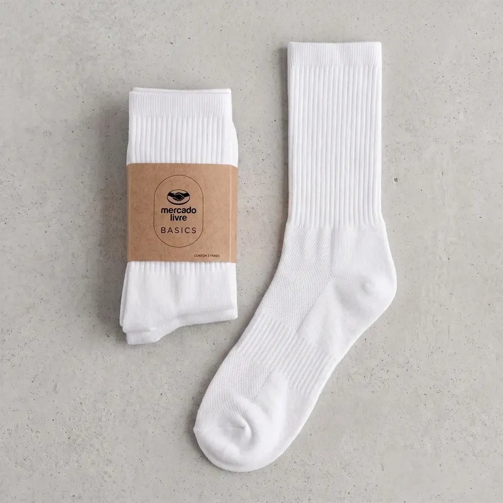 Kit 3 Meias Cano Alto Canelada - Mercado Livre Basics Branco Liso 39-43