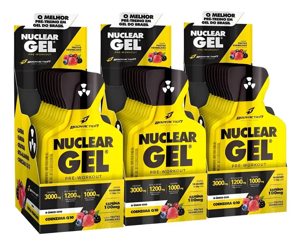 Kit 3x Pre Treino Nuclear Rush Gel - 30 Sachês Bodyaction Sabor Frutas Vermelhas