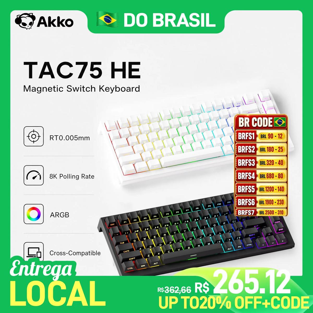 Teclado Gamer Akko TAC75 HE 75% Layout ANSI com Switches Magnéticos RT0.005mm Rapid Trigger, Taxa de Polling de 8K, Conexão USB Tipo-C com Fio