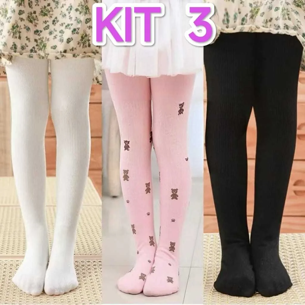kit 3 Meias calça infantil Meia Grossa Frio Inverno Menina Preta/ Branca/Colorido,Estampa 1a 14 anos