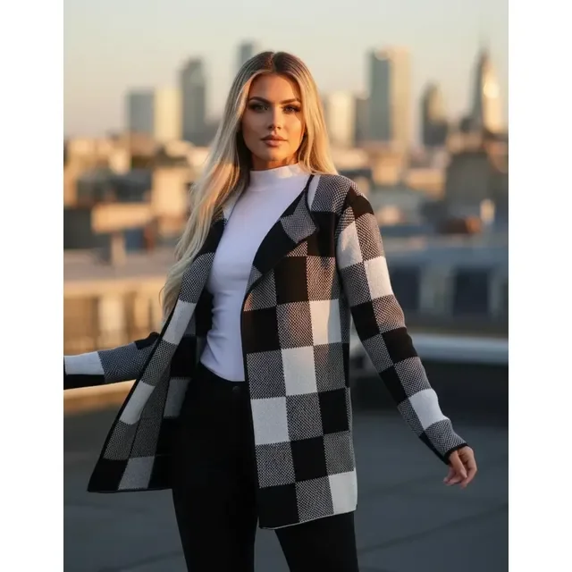 Casaco Xadrez Tricô Cardigan Inverno Manga Longa Feminino