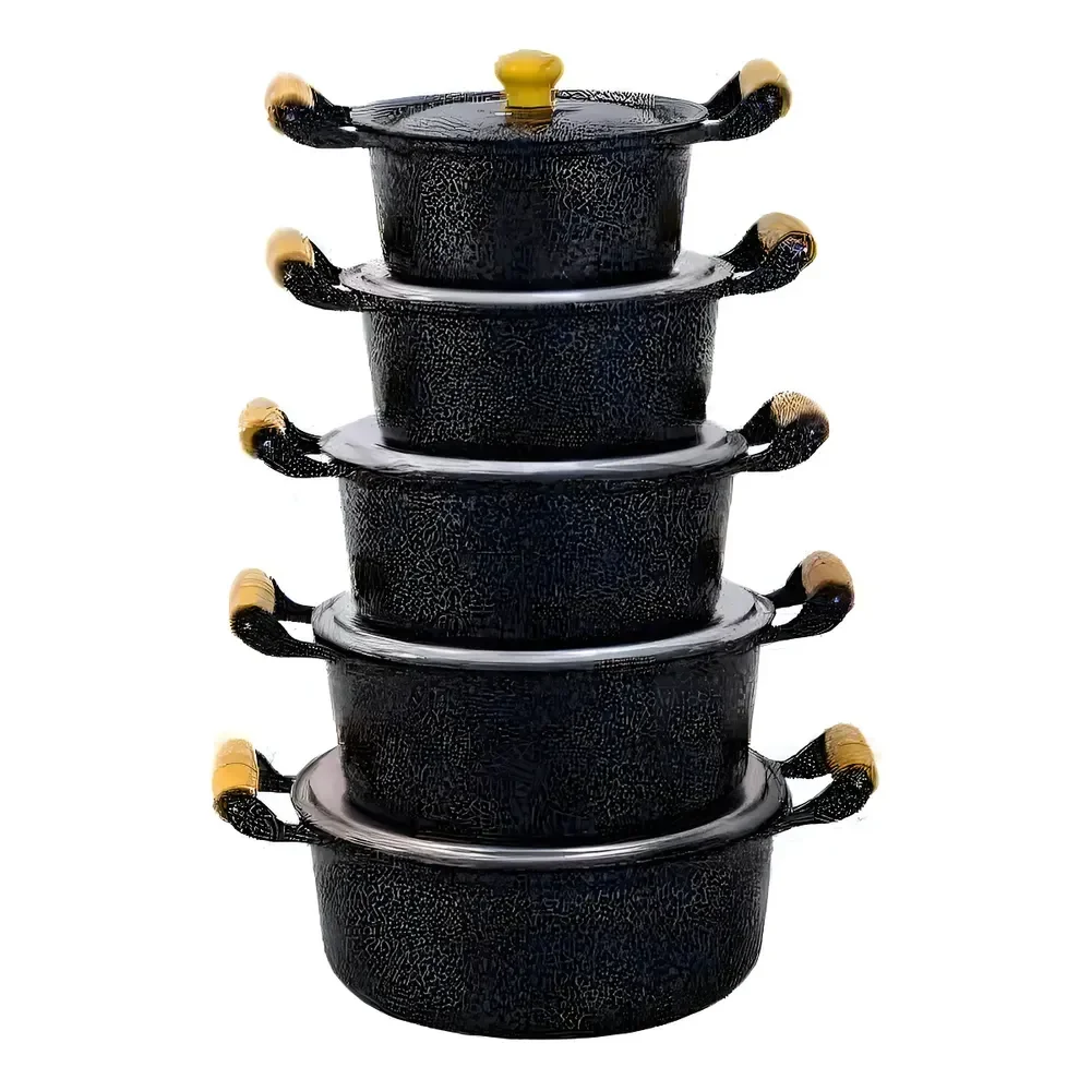 Jogo 5 Panela Alumínio Batido Craqueada Caçarola Kit Fundido Preto