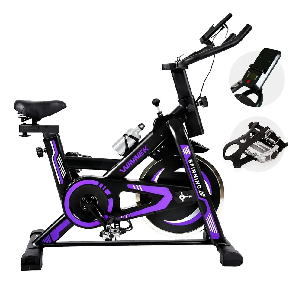 Bicicleta Ergométrica Spinning Com Roda Inércia De 13kg Mecânica Cor Preto Roxa -mecânica Suporte Para Celular / Tablet - Winnek Spin Force