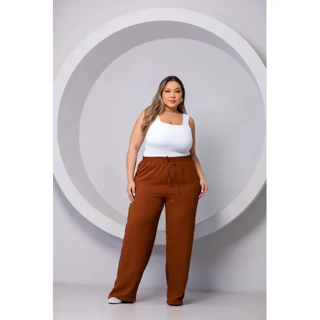 Calça Pantalona Plus Size Duna Com Elastico Na Cintura