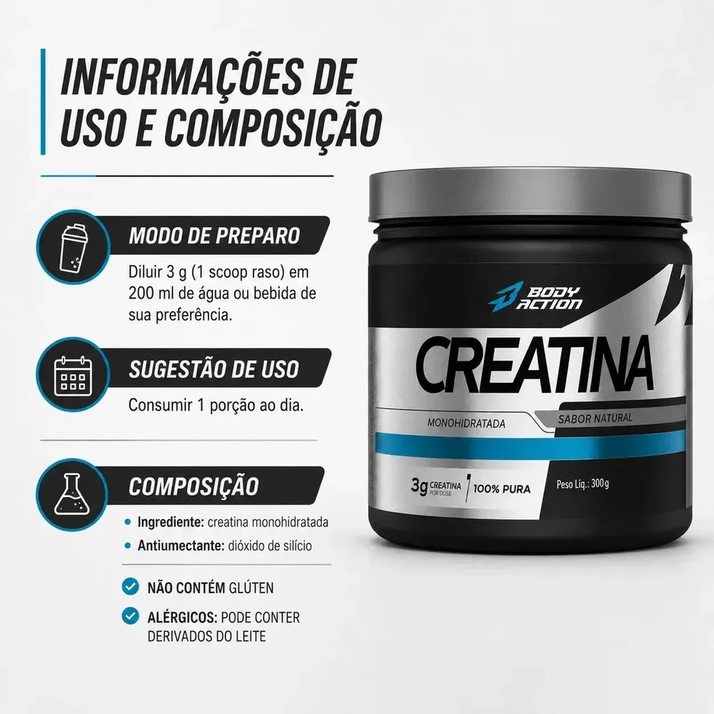 Creatina Monohidratada Bodyaction 300g Sem Sabor Pura