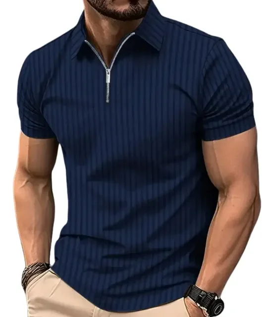 Camiseta Polo Manga Curta Com Ziper Masculina Malha Canelada