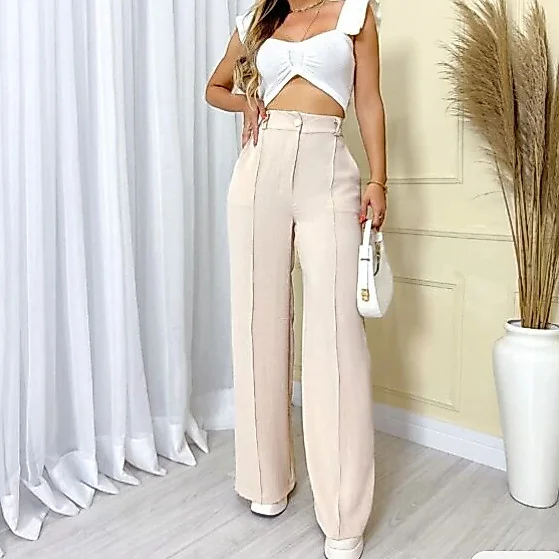 Calça GG Feminina Pantalona Wide Leg Duna com Botão Tendência 2025
