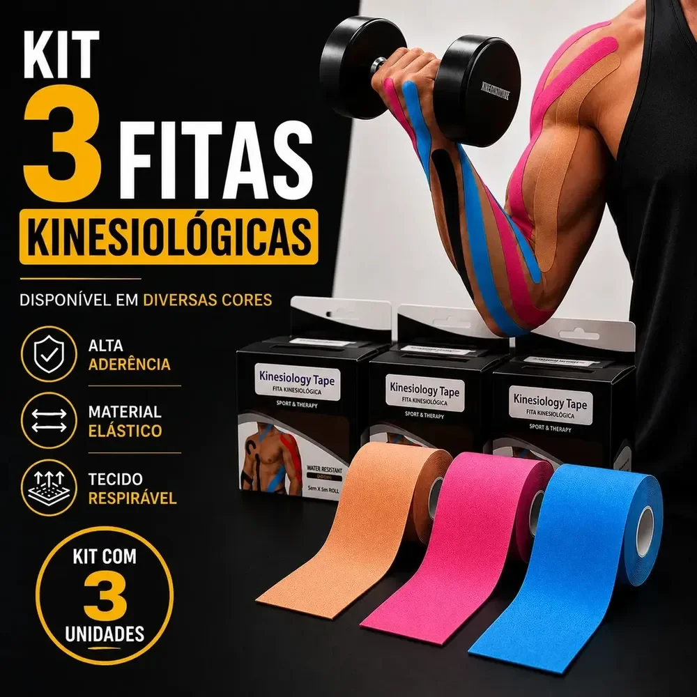 Kit 3 Fitas Kinesio Brisa.Ecom Kinesiology Taping Fita Cinesiológica Adesiva 5 Metros Por 5 Centímetros Tape Bandagem Elástica Articular Esportivas Corrida Academia Muscular Fisioterapia