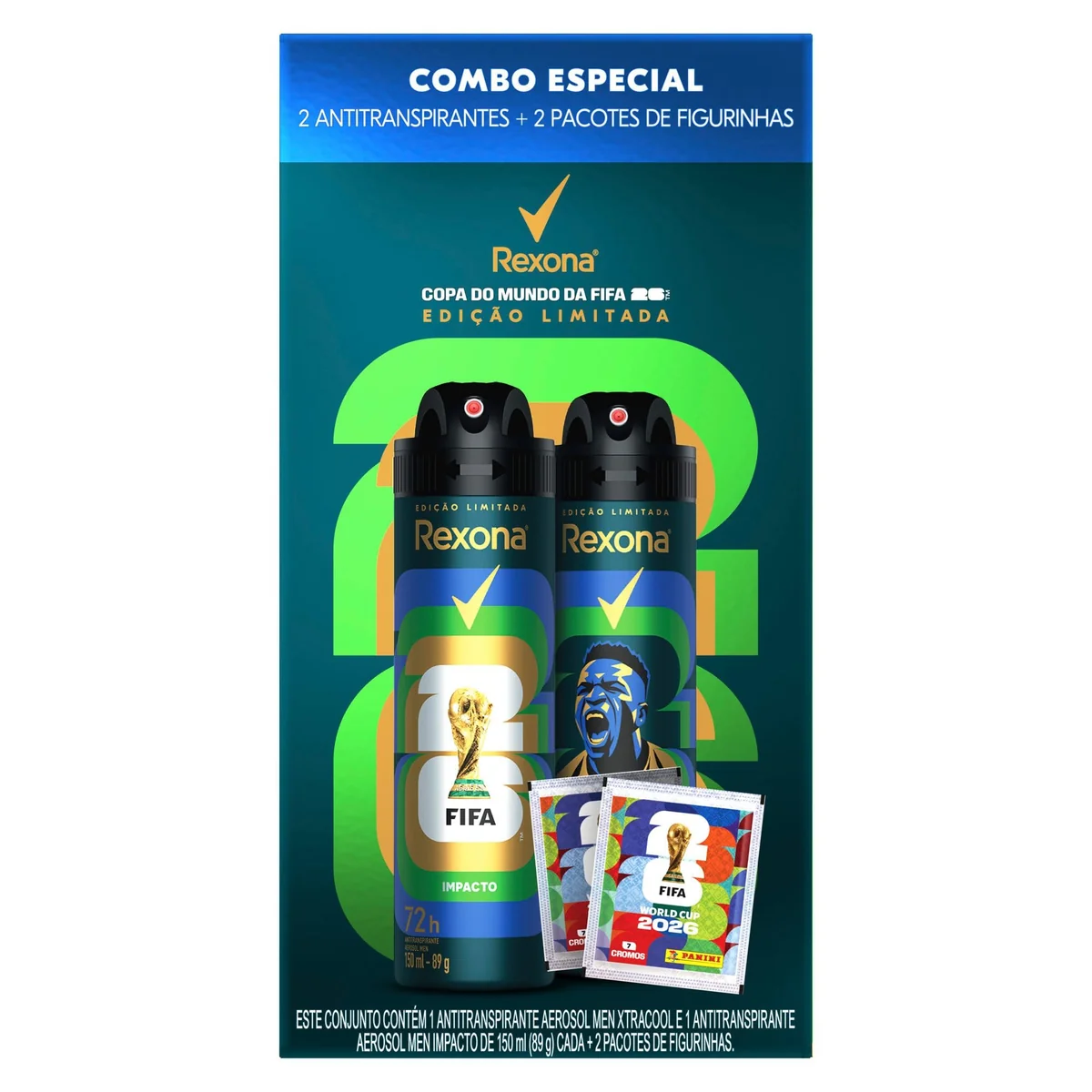 Kit Rexona Men Antitranspirante Aerossol Xtracool + Impacto 150ml + 2 Pacotes de Figurinhas - Edição Limitada Copa do Mundo da FIFA 26