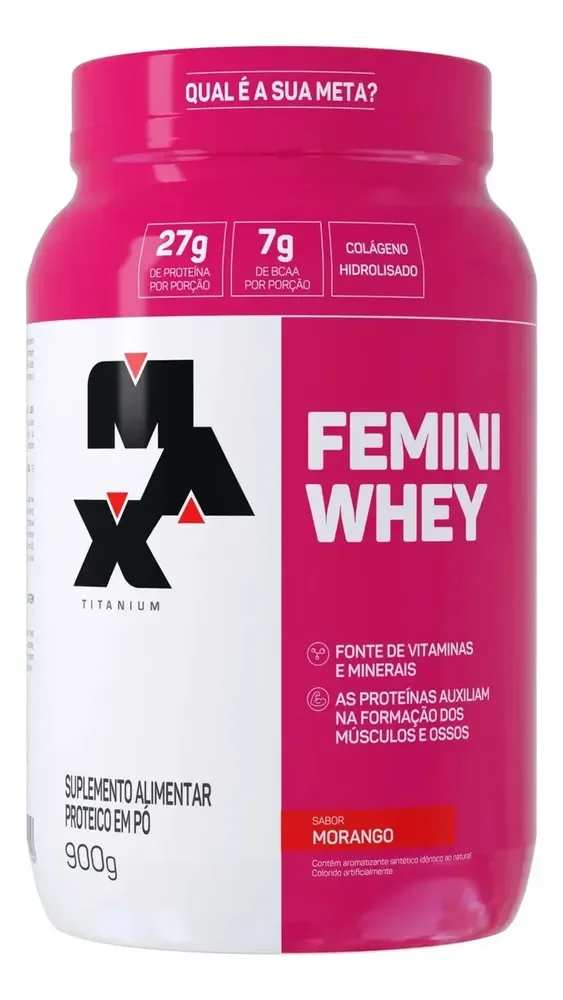 Whey Protein 900g Femini Whey Protein Max Titanium Morango Proteína e Colágeno
