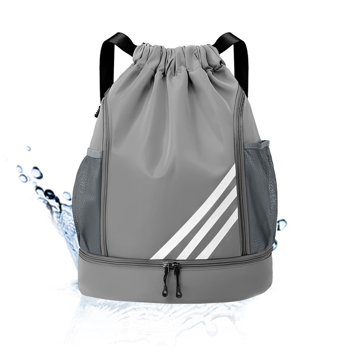 Mochila Esportiva com Cordão, Separação seca e húmida, Mochila de grande capacidade para viagens de lazer, Bolsos Laterais em Malha, Preto com Listras