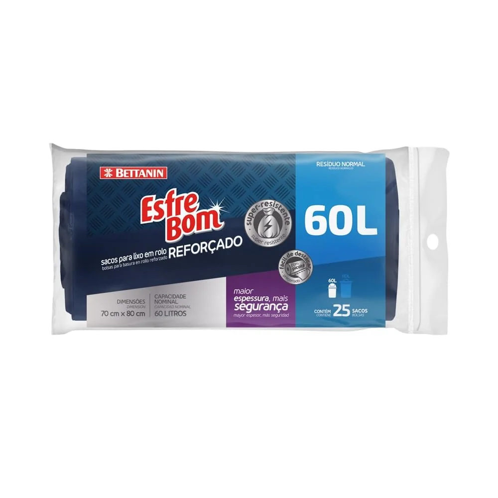 EsfreBom - Saco para Lixo Reforçado, Rolo com 25 Sacos de 60 Litros, Azul Escuro, Bettanin