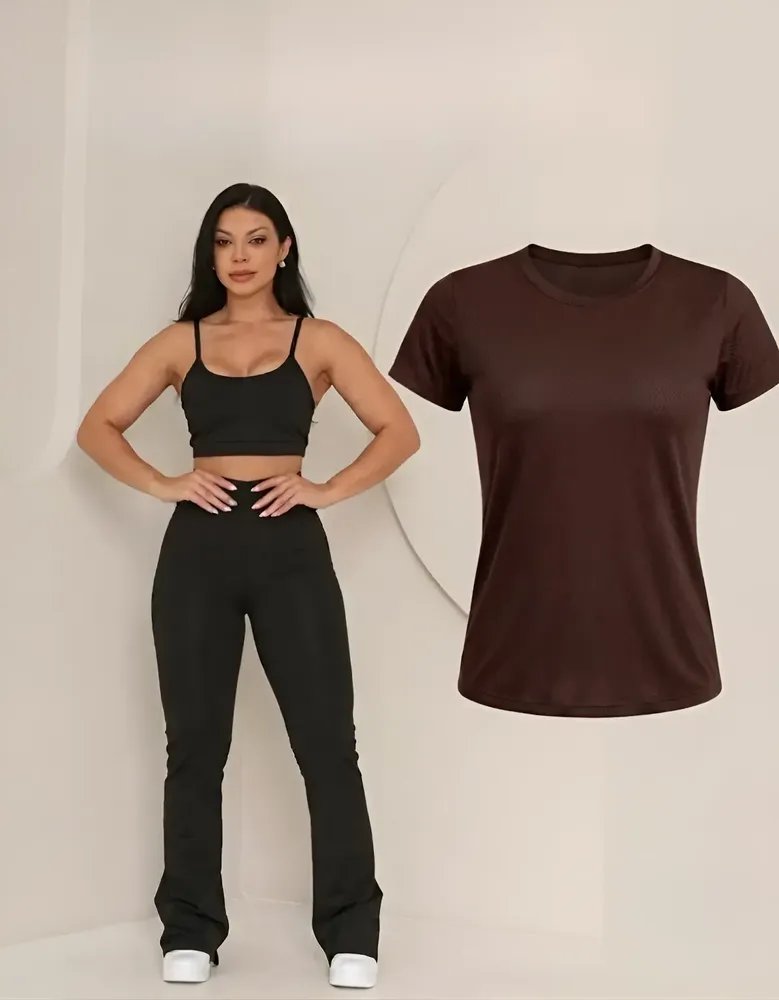Kit Conjunto Feminino Academia Calça Flare Top + Blusa Dry Marrom Gg