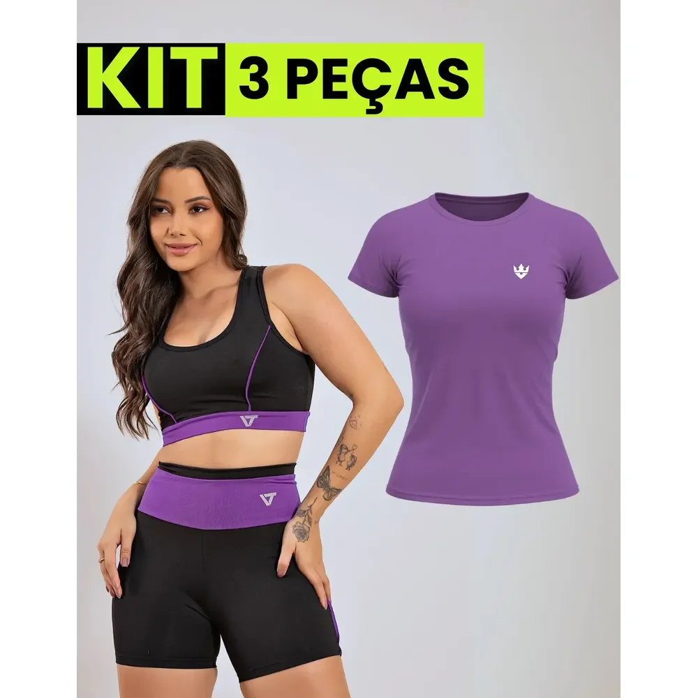 Kit Conjunto Fitness Feminino + Camiseta Roupa Academia Roxo Lisa Gg