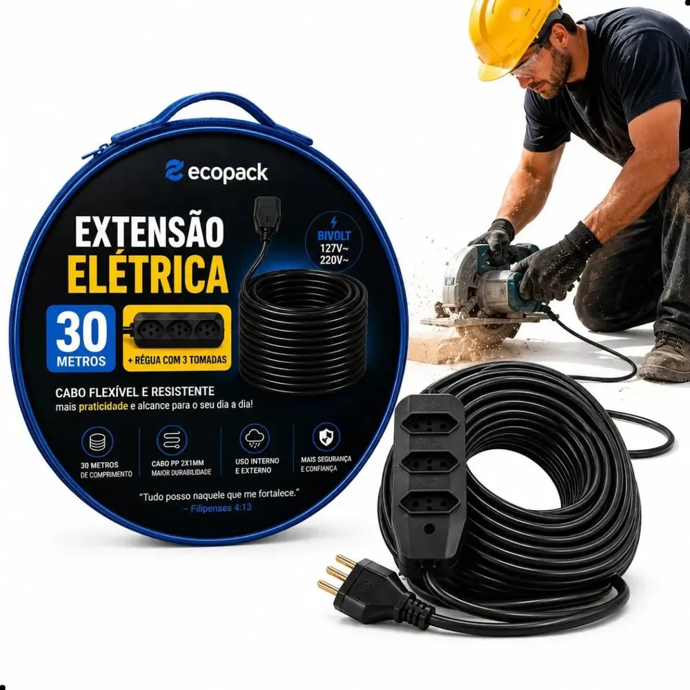 Extensão Elétrica 2x2,5mm de 30 Metros Reforçada 3 Tomadas Bivolt 10a 20a Cabo Resistente Profissional Residencial Obra Oficina Alta Durabilidade