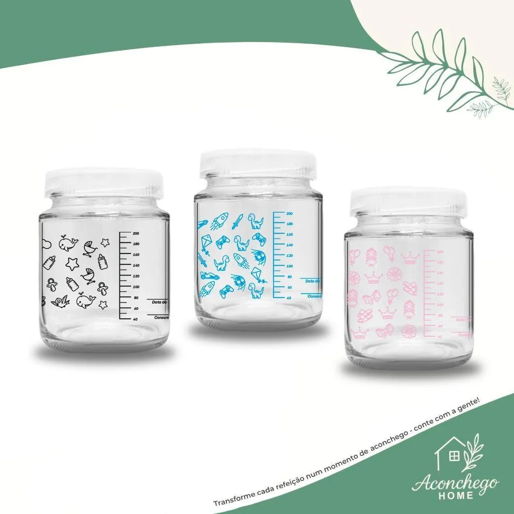 Kit 5 Potes de Vidro p/ Leite Materno 200ml – Livre de BPA c/ Graduação