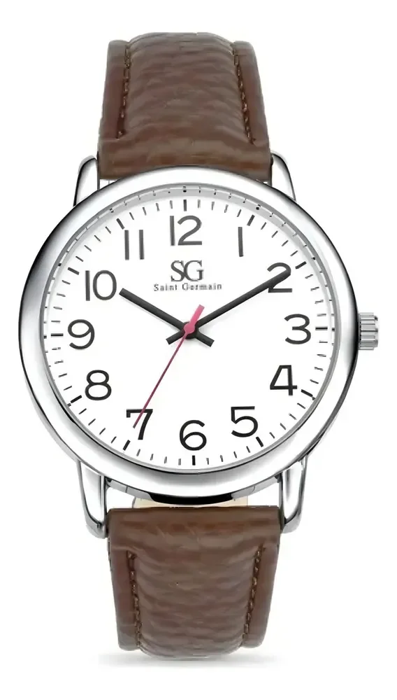 Relógio Masculino Chrowl Prateado Saint Germain Correia De Couro Marrom Caixa Prateada Fundo Branco 40mm Elegante Clássico