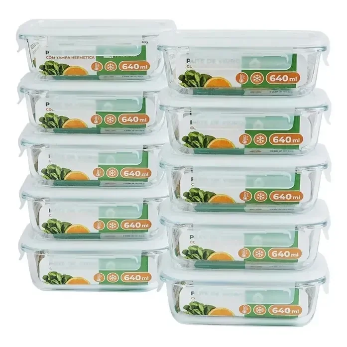 Kit 10 Potes Herméticos De Vidro 640ml Haushop Tampa Vedação Firme Para Geladeira E Despensa Organização Da Cozinha Transparente
