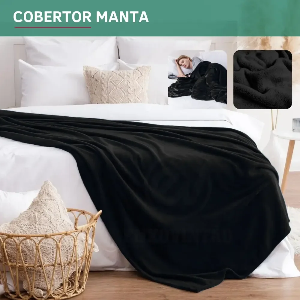 Manta Microfibra Soft Casal Antialérgica Veludo Toque Macio Quentinha Conforto Prolongado Cor Preto Premium