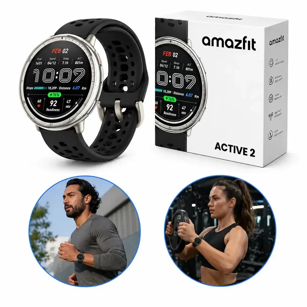 Relógio Smartwatch Familar Amazfit Active 2 Preto Original Gps Alexa Relógio Inteligente Unissex Esporte Prova D'água Academia Corrida Bluetooth Monitor Cardíaco Notificações Bateria Longa Lançamento