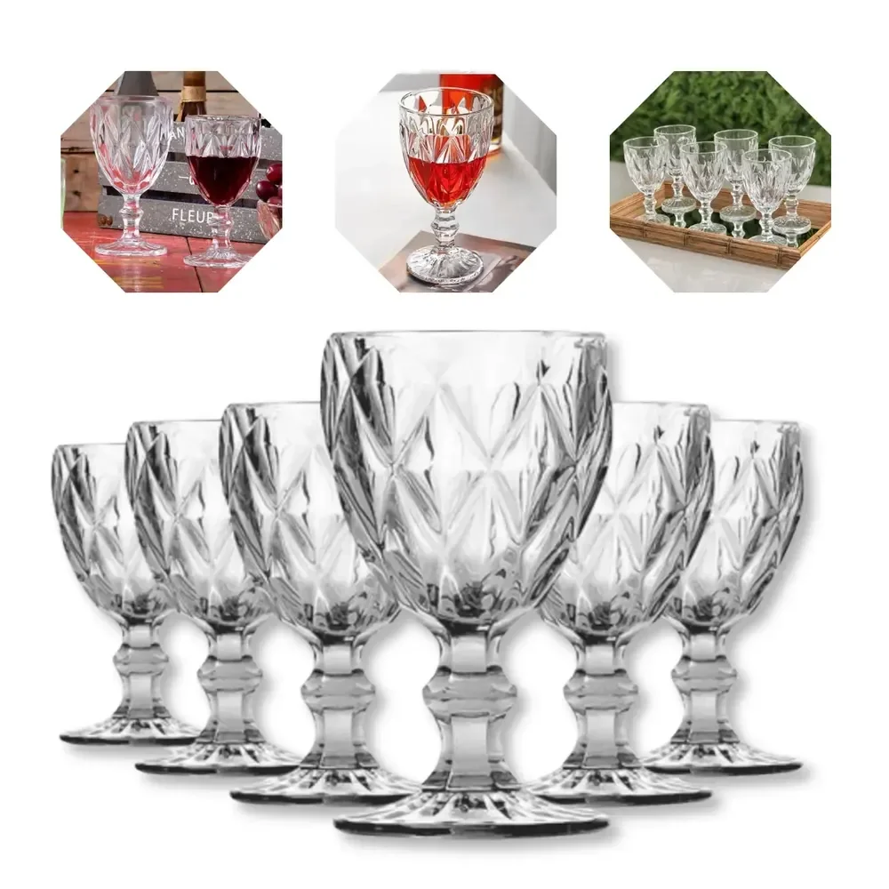 Jogo De 6 Taças Diamond Luxo Em Vidro 330 Ml Para Vinho E Água Gostei! Transparente