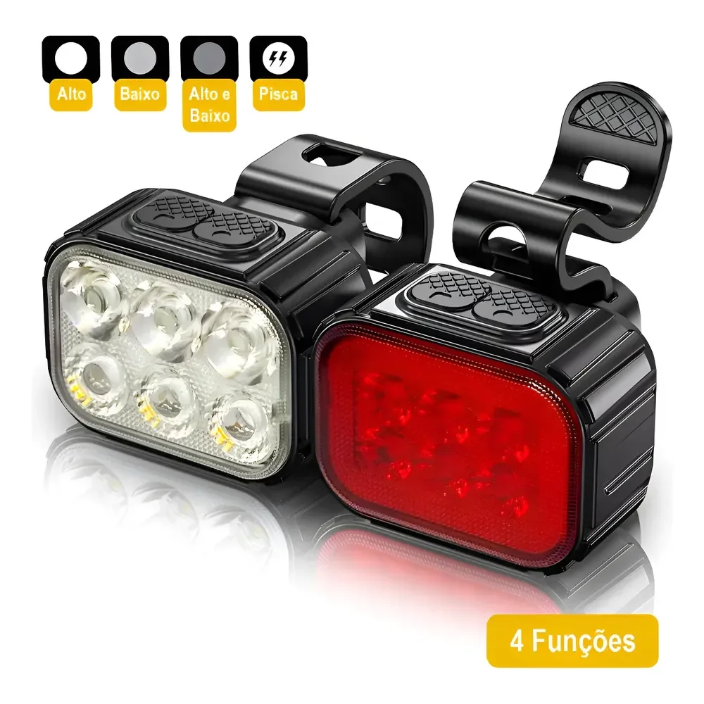 Kit Lanterna E Farol Bicicleta Potente 6 Leds Recarregável Preto