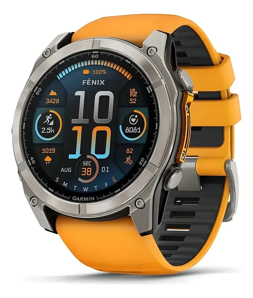 Relógio Garmin Fenix 8 Safira Titânio com Pulseira de Silicone Laranja com Grafite 51mm