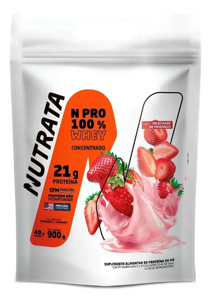 Whey Npro 100% Concentrado Morango Nutrata 900g Morango