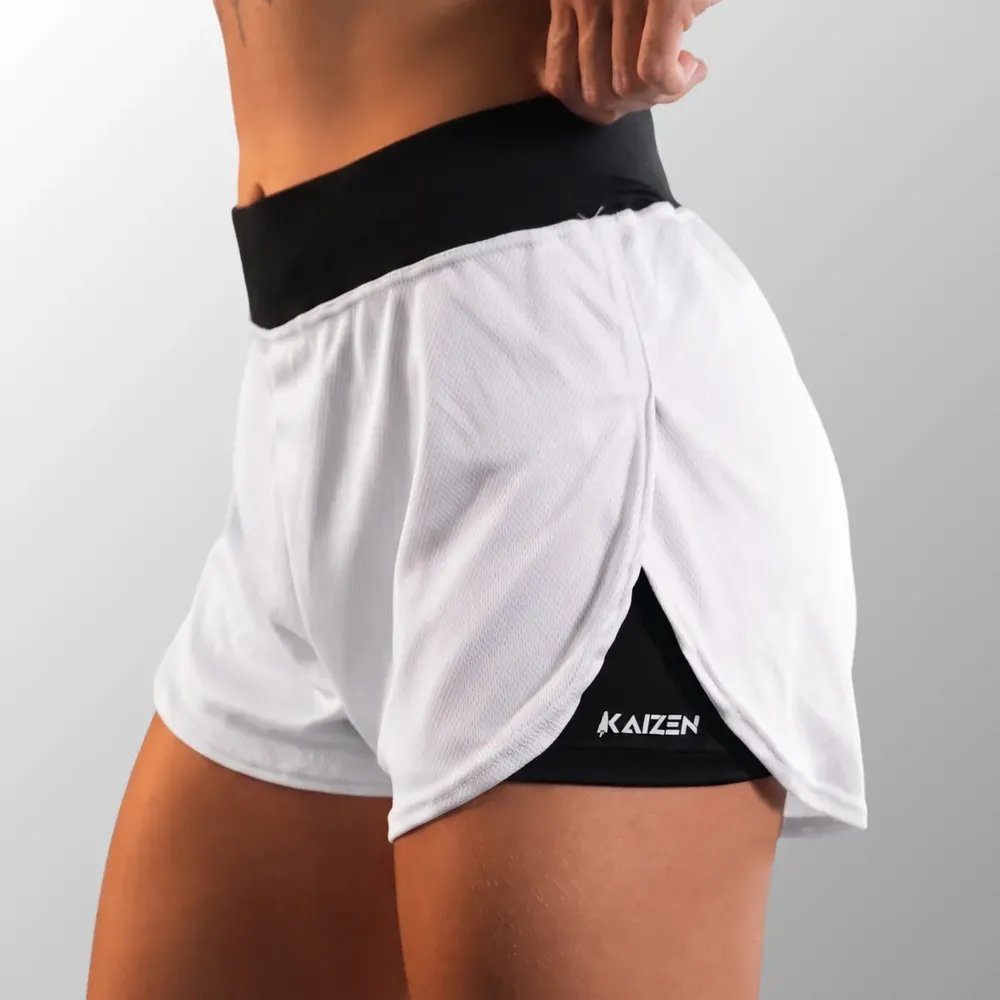 Short Feminino Duplo 2 Em 1 Compreensão Bermuda Academia Branco Geométrico G