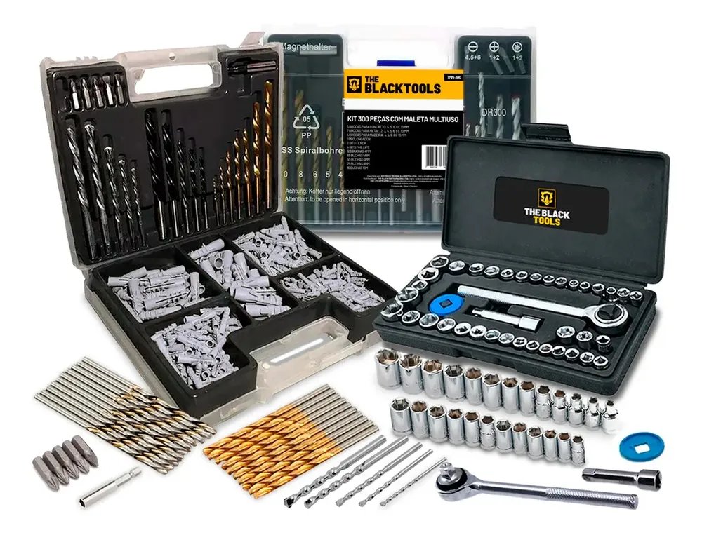 Kit Jogo De Brocas Bits E Buchas Com 300 Peças + Jogo De Chaves Catraca Reversível Soquetes 40 Peças The Black Tools