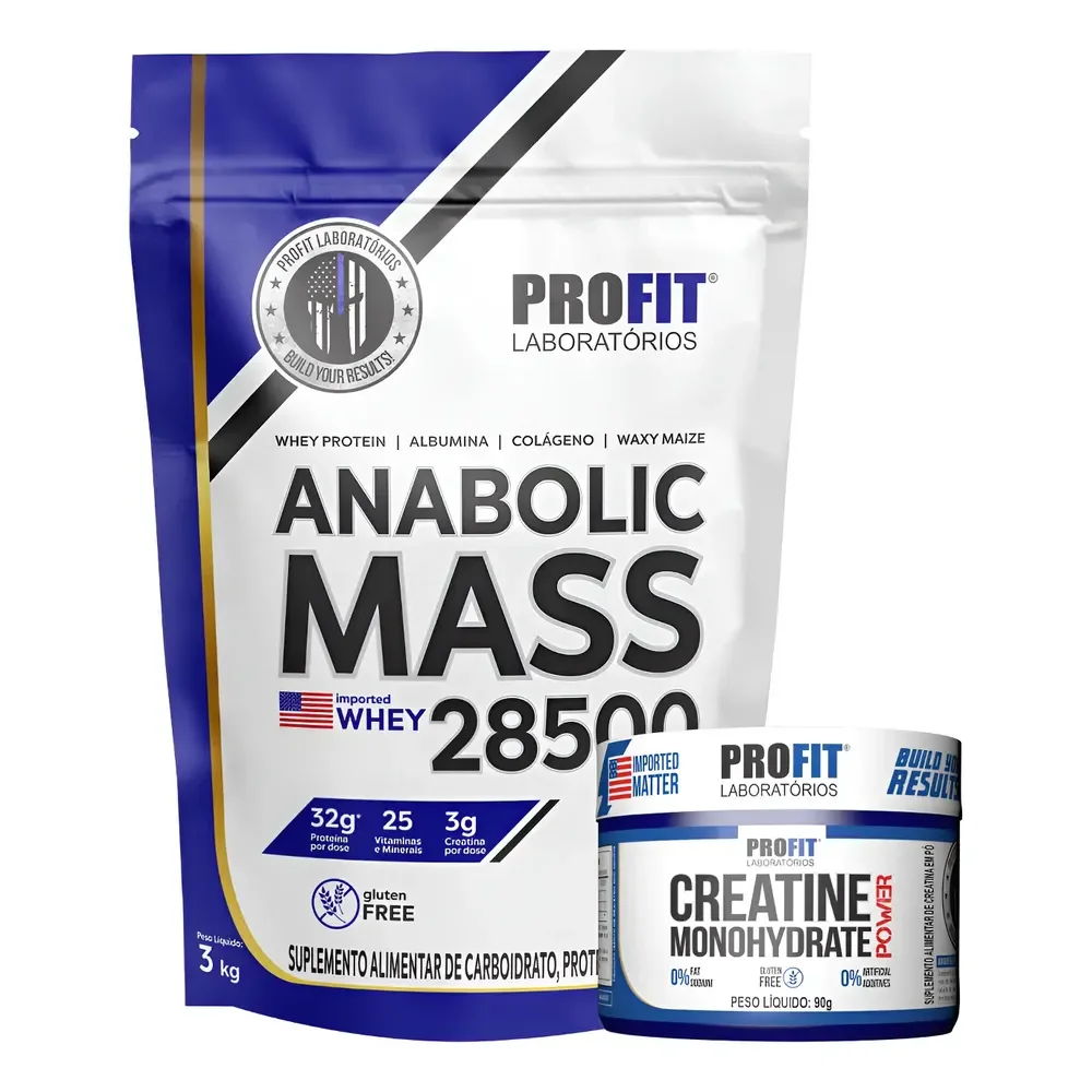 Kit Anabolic Mass 28500 C/ Whey Creatina Monohydrate Profit Chocolate 3kg | Creatina 90g