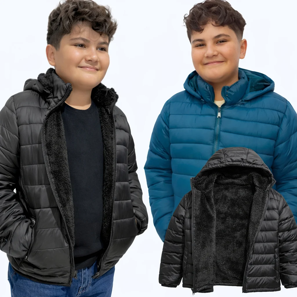 Jaqueta de frio peluciada infantil masculina feminina blusa casaco puffer corta vento Primeira linha