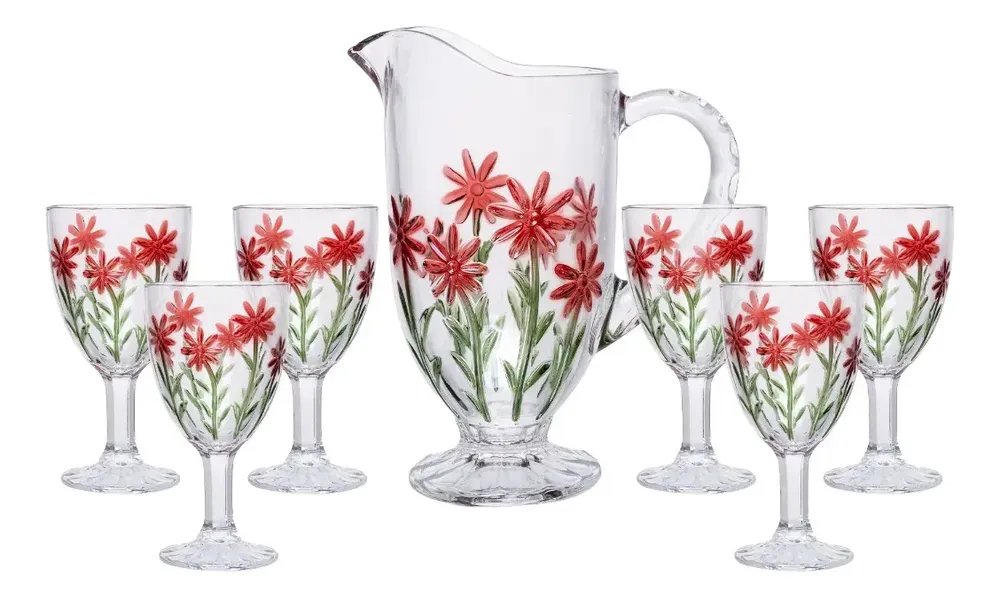 Conjunto Jarra com 6 Taças Red Flower 1,3L/320ml Cristal Wolff