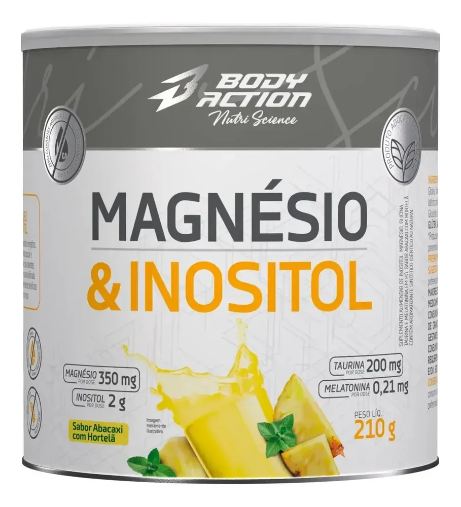Magnésio E Inositol Taurina Melatonina 210g Bodyaction Sabor Abacaxi Com Hortelã