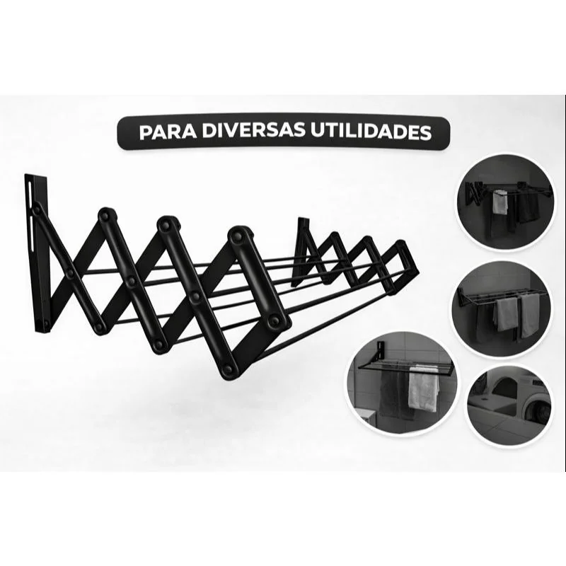 Varal Sanfonado 80 cm Parede Retrátil Preto Apartamento Lavanderia