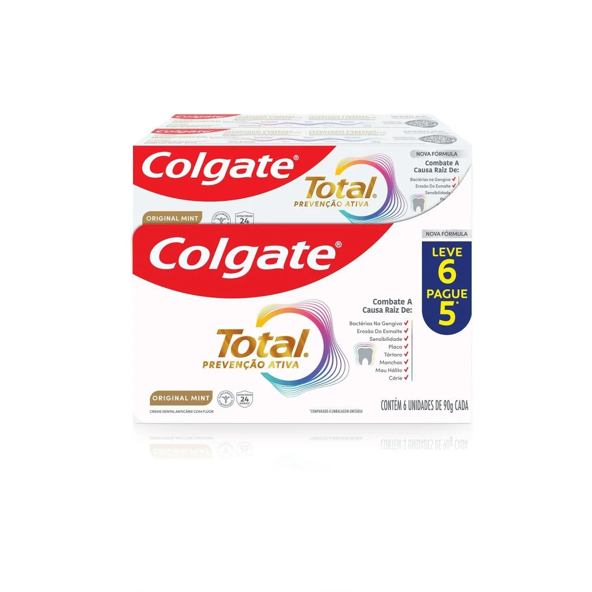 Creme Dental Colgate Total Original Mint 6x90g | Prevenção Ativa, 24 horas de ação contra bactérias, Anticárie com Flúor, Combate o Mau Hálito