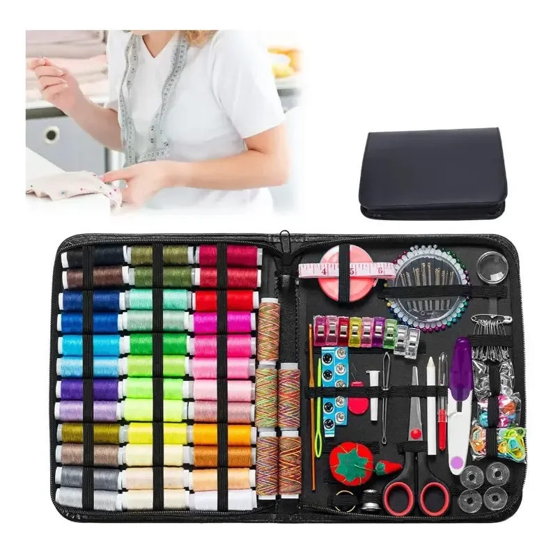 Kit De Costura Agulhas Tesoura Linhas Completo Com 229 Peças Preto