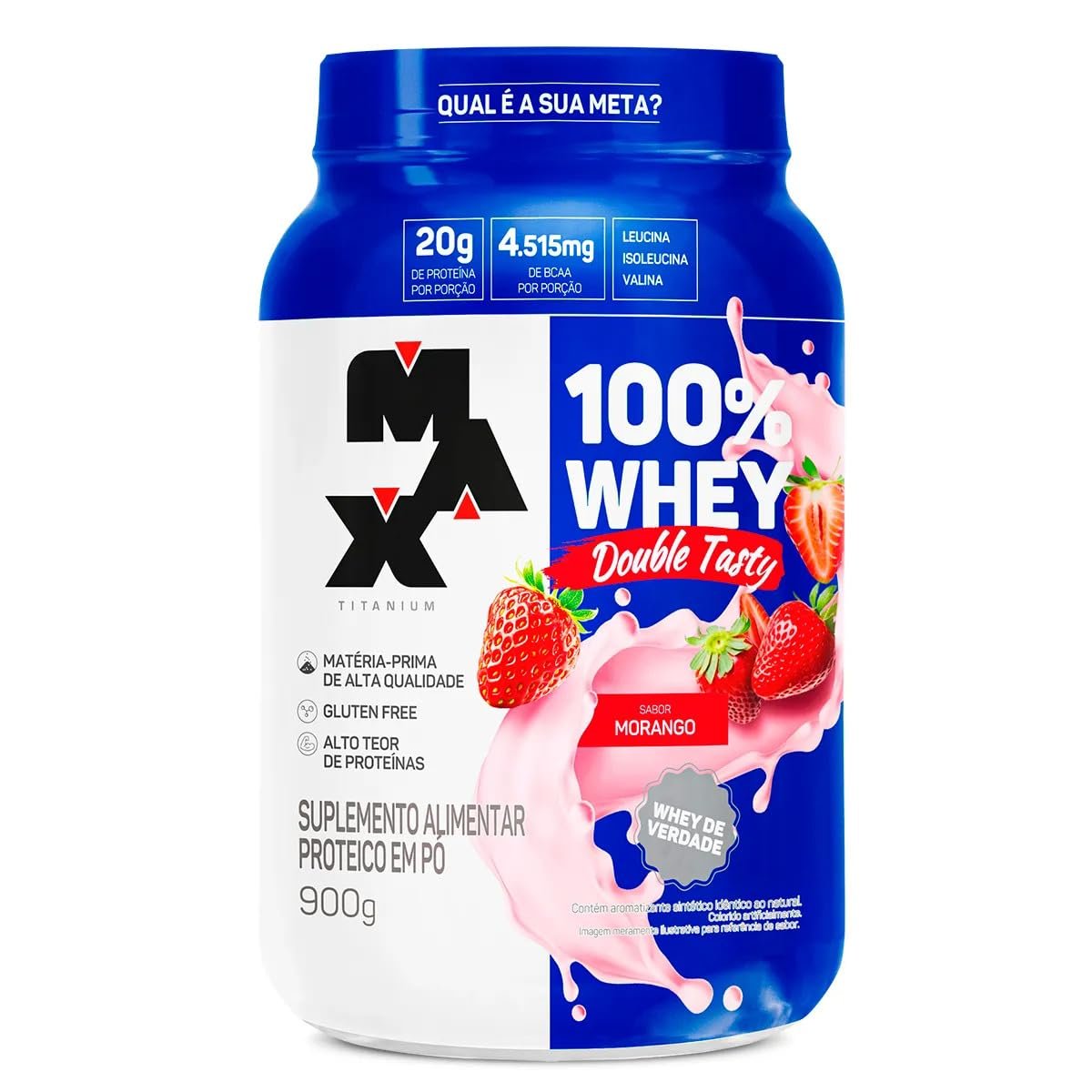 100% Whey Protein Max Titanium Double Tasty Morango 900g