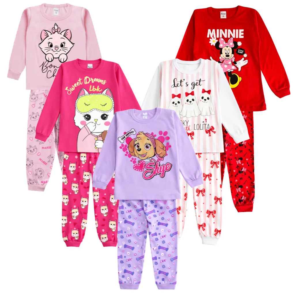 KIT 4 peças Pijama infantil MENINA inverno comprido manga longa 2 calças e 2 blusas feminino algodão