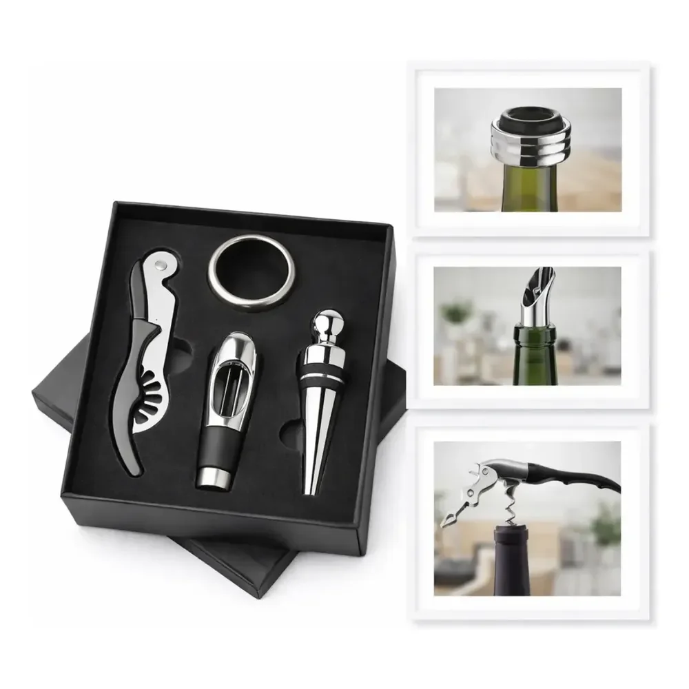 Kit Vinho 4 Peças Aço Inox Vbs Brasil Abridor Garrafa Manual Tipo Saca Rolhas Bico Dosador Tampa Anel