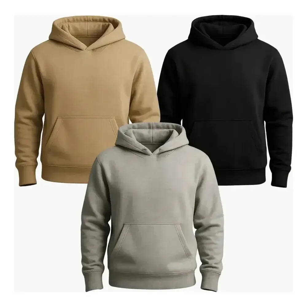 Kit 3 Moletom Canguru Liso Flanelado Blusa De Frio Unissex G Kit Bege / Preto / Cinza