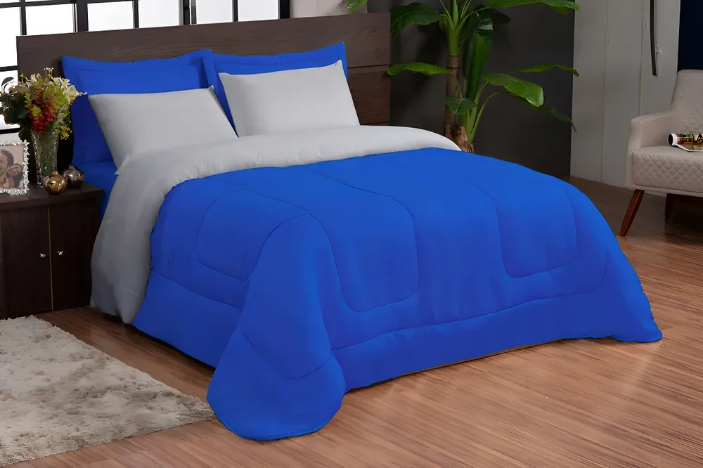 Kit Edredom Ternura Casal Queen + 4 Peças Dupla Face Azul Royal/branco Liso Casa Laura Enxovais