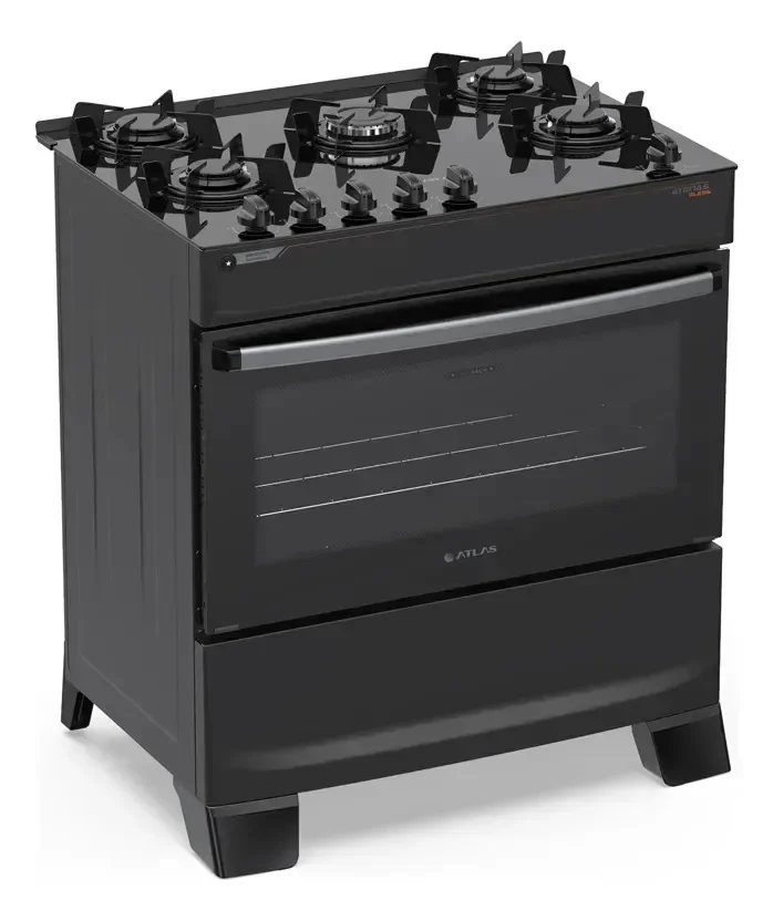 Fogão 5 Bocas Atlas Atenas Glass A Gás com Mesa de Vidro e Mega Chama Preto Bivolt