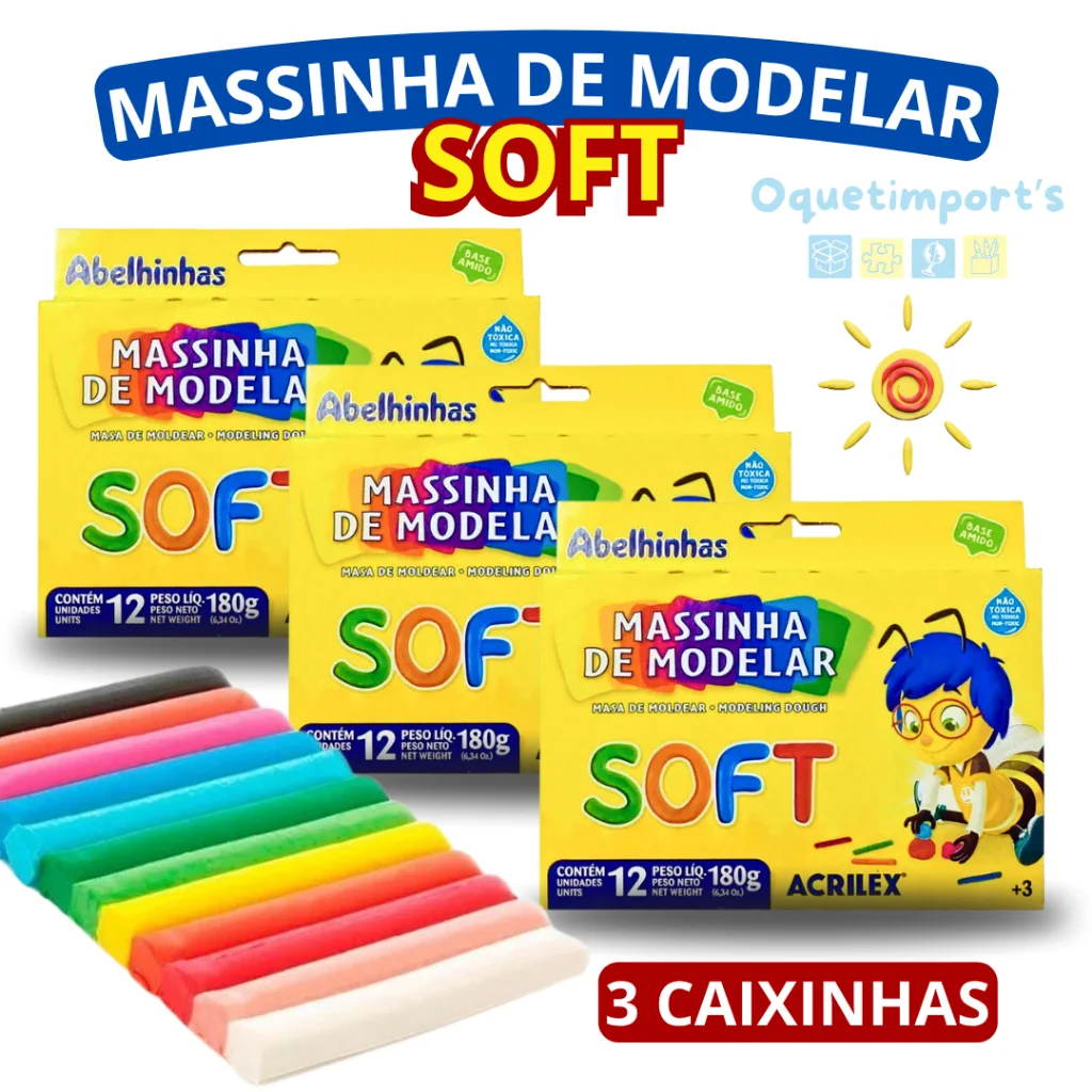 Kit 3 Caixas Massinha De Modelar Acrilex 12 Cores Cada Total 36 Massinhas Não Tóxica